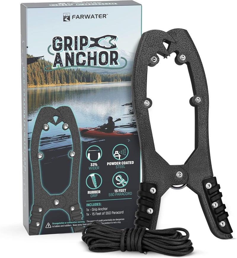 FARWATER Canoe Anchor Grip - Boat, Float Tube & Kayak Fishing Accessories, Kayaking Equipment - Brush Clamp Anchor with Teeth - Gripper with 15ft Paracord - Rubber Grips - Coated Steel - - Image 1